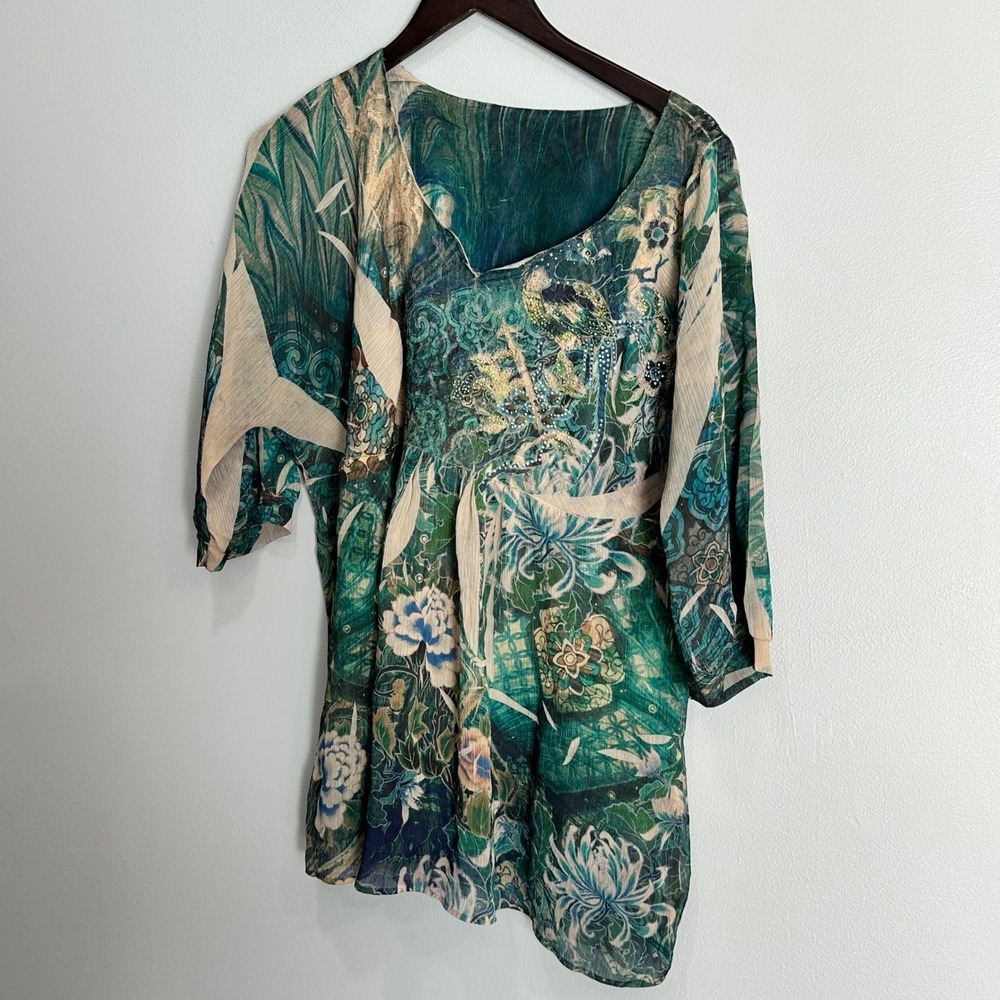 Zenana Outfitters Teal Green Floral Tunic with Cream Panels